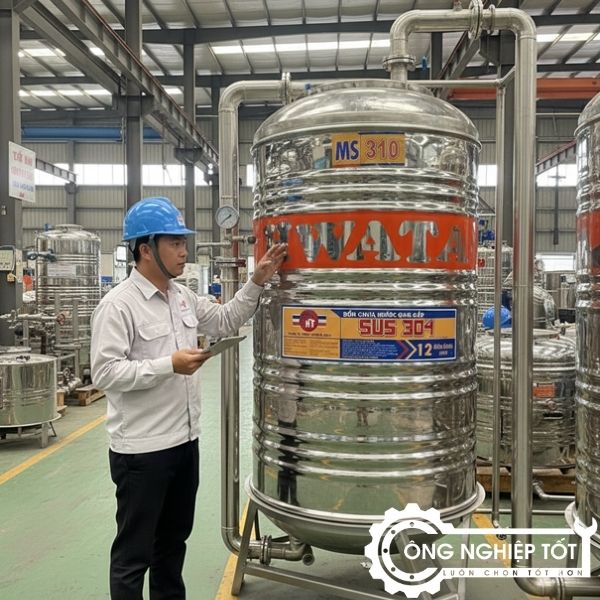 Kỹ sư kiểm tra téc nước inox 304 tại nhà máy